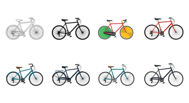 Collection of diverse bicycle illustrations in various styles and colors