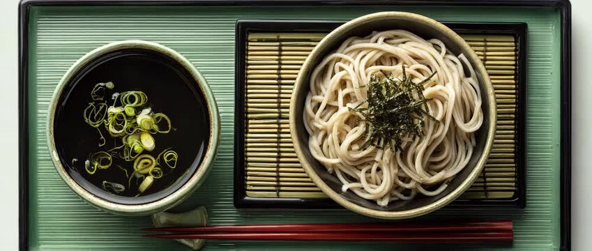 A traditional Japanese soba noodle dish served on a bamboo tray with dipping sauce, green onions, and wasabi.