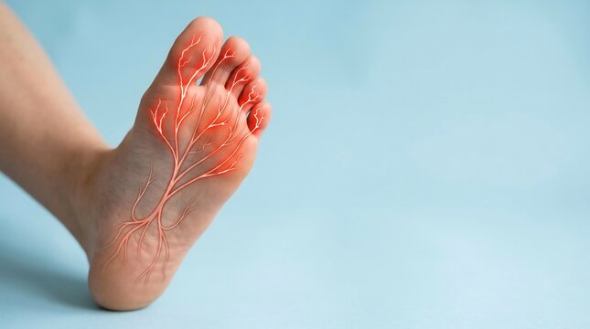 Bottom view of a bare foot displaying bright red, branching lines representing nerves or circulation on the sole against a soft blue backdrop.