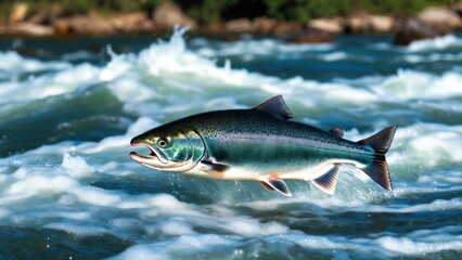 Fototapeta premium Salmon hovering above churning river waves near shoreline.
