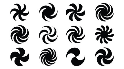 Fototapeta premium Collection of 12 spiral swirl shape logos and icons in black silhouette on white background for branding and design