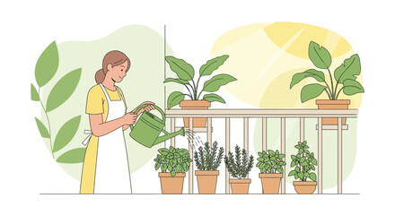 Woman watering plants on balcony, enjoying urban gardening and home greenery