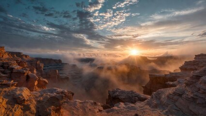 Rocky canyon rim with mist and sunrise light over valley.
