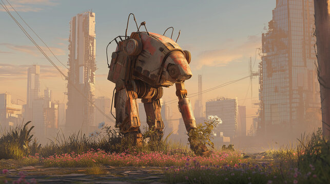 Timeworn robot tending a small flower garden in a post apocalyptic city with crumbling skyscrapers conveying hope amid decay