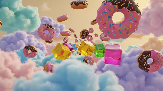Colorful donuts and desserts floating amidst pastel clouds in a whimsical sky scene