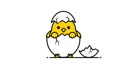 Adorable cartoon baby chick hatching from a broken white eggshell in a simple vector graphic illustration
