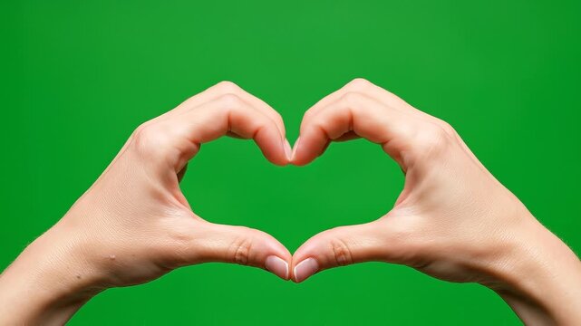 Hands forming a heart shape against a green background, a symbol of love and affection, captured from a front view