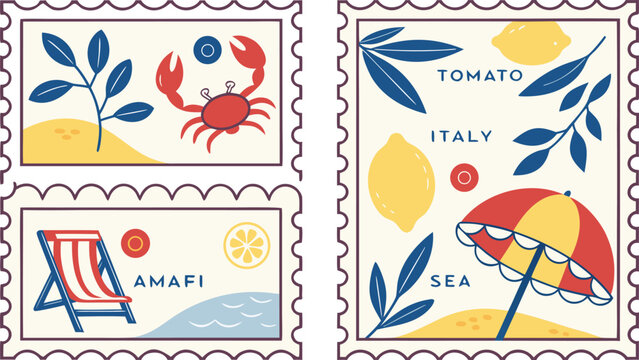 Vibrant beach stamps with crab umbrella and chair on sandy shore with sea and sun