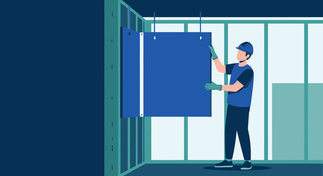 Construction worker installing wall panel in modern building interior, renovation concept