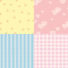 Four set of background designs with heart, flower, checked pattern for wallpaper, backdrop, ad template, frame, paper design, social media, poster, sticky note, floral fabric print, Valentine's Day