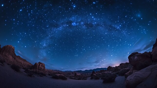 A breathtaking starry night sky over a rocky desert landscape with a stunning view of the Milky Way
