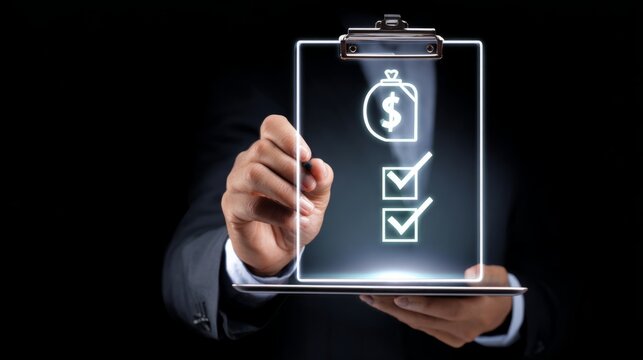a businessman's hand holding a clipboard with a checklist and money icon on a virtual screen, against a black background. this concept represents online shopping or digital marketing. the image is in 
