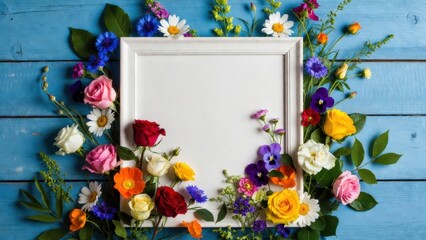 White frame adorned with assorted flowers on blue planks.