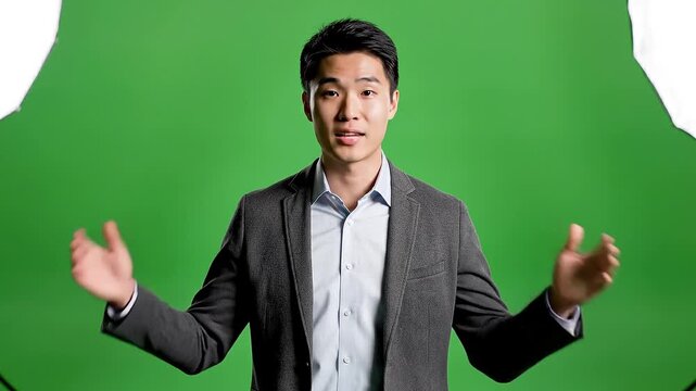 A young businessman gesturing emphatically against a green background from a frontal viewpoint in a studio setting