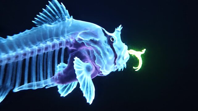 X-ray of a bioluminescent anglerfish showcasing its glowing lure in the dark depths of the ocean