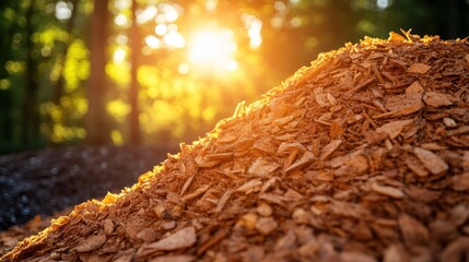 Fototapeta premium Wood chips pile in sunlight, outdoor