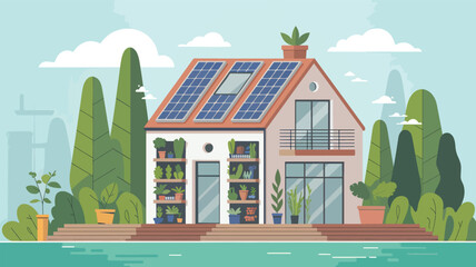 Fototapeta premium Flat of a house with solar panels and lush greenery, home building architecture