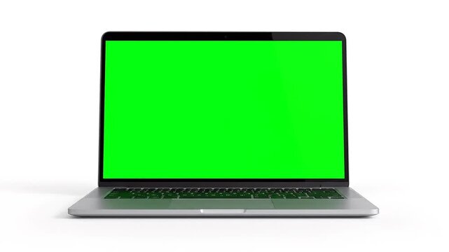 Laptop with blank screen opening to reveal a green preview screen in a modern setting
