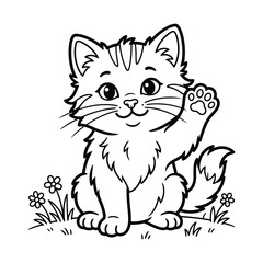 Obraz premium Cute Cartoon Kitten Waving Paw – Black and White Line Art Illustration