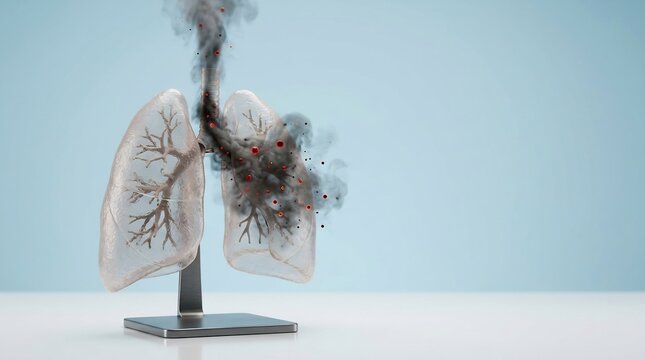 Detailed anatomical model of human lungs shows significant dark particulate matter and smoke causing damage and blockage within the bronchial tubes.