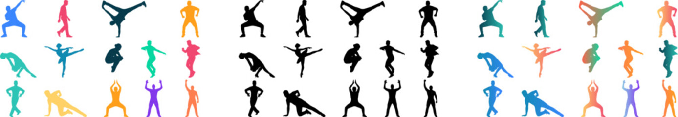 Colorful dancing and fitness pose silhouettes set isolated on white background