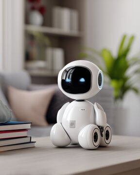 A small white robot with glowing screen face sitting on a wooden table in a