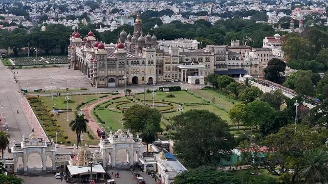 Drone view of Mysore Palace or Amba Vilas palace historic royal residence and palace in Mysore