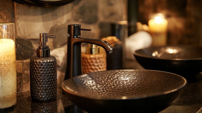 A luxurious bathroom sink with a bronze faucet and soap dispenser on a granite countertop