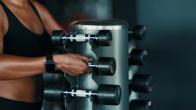 A woman with dark skin is adjusting dumbbells on a rack in a gym. She is focused on her workout routine and making sure the weights are in place. The setting is bright and modern.