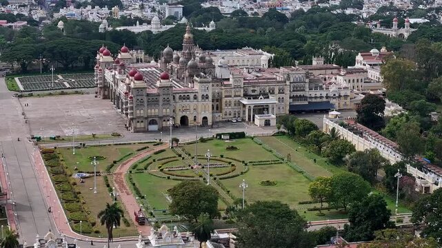 Drone view of Mysore Palace or Amba Vilas palace historic royal residence and palace in Mysore