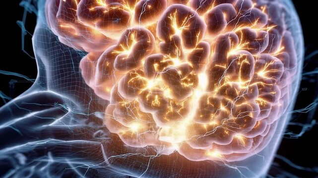 Glowing Mind: An artistic representation of the human brain lights up, showcasing the intricate network of thoughts and ideas. Capturing the essence of human intellect and cognitive functions.