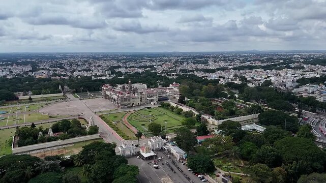 Drone view of Mysore Palace or Amba Vilas historic royal residence amidst the Mysore cityscape