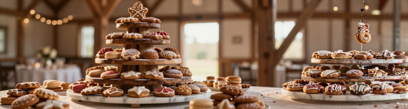 Rustic doughnut tower with assorted glazed donuts and pastries for barn wedding dessert table and casual party display