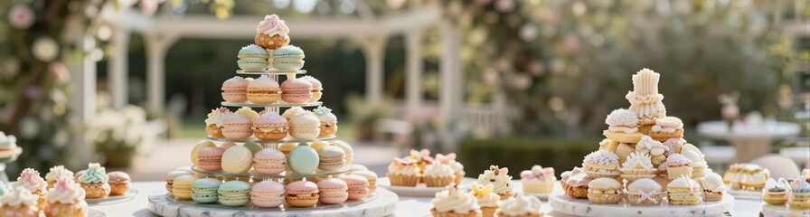 Fototapeta premium Pastel macaron pyramid and assorted petit fours on a garden dessert table for wedding reception background and party dessert display