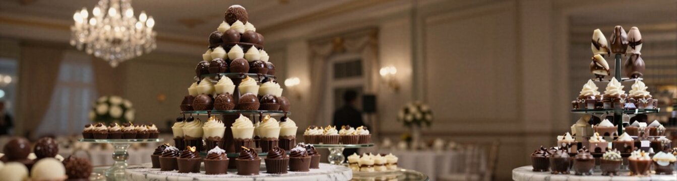 Elegant chocolate dessert tower with cupcakes truffles and mini cakes for banquet centerpiece background and reception display design