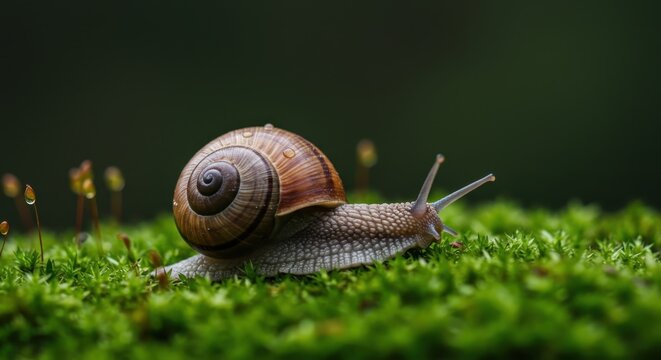 Terrestrial gastropod mollusk with a patterned shell moves slowly across vibrant green moss