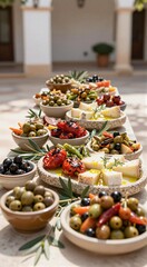 Mediterranean antipasti spread with olives, roasted peppers and cheese for grazing table platter background and event catering display