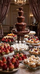 Chocolate fountain surrounded by strawberries marshmallows and mini pastries for dessert buffet and event display