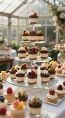 Tiered dessert parfait display with berries and cream for event table background and catering presentation
