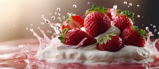 Strawberries in cream splash, red background
