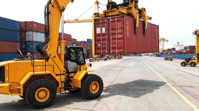 Container Handler Carrying Large Load at Bustling Shipping Yard with Cranes and Containers