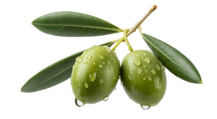 Obraz premium Close up of two fresh green olives with water droplets on a branch with leaves fruit