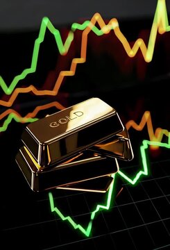 Short video footage clip of gold bars on stock market crash chart vertical composition for mobile financial news, short video, and social media stories.