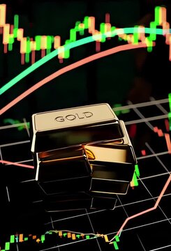 Short financial video footage clip of gold bars on stock market trading chart background conceptualizing global economic trends currency valuation and asset investment.