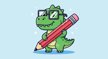 Cute Dinosaur Wearing Glasses Holding a Big Pencil Vector Illustration. © NFS Studio