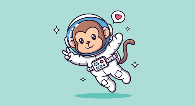 Cute monkey astronaut floating in space with a heart bubble.