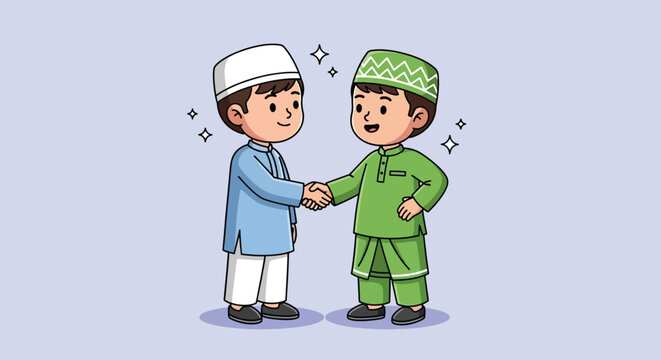 Two Muslim boys shaking hands in a friendly greeting Vector Illustration.