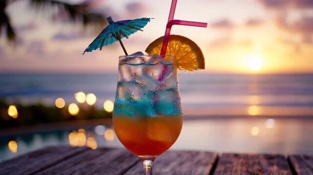 Vibrant layered tropical cocktail with orange slice and umbrella at golden sunset over ocean water on wooden table