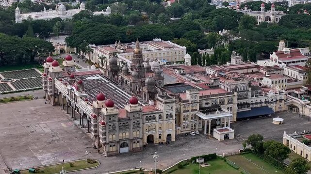 Drone view of Mysore Palace or Amba Vilas historic royal residence amidst the Mysore cityscape