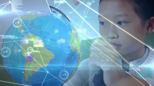 Animation of network of connections over asian girl with globe